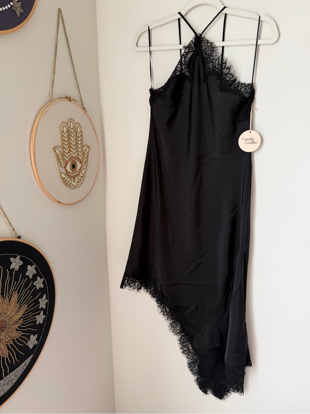 Camila Coelho Black Lace trim halter Asymmetrical Slip midi Dress